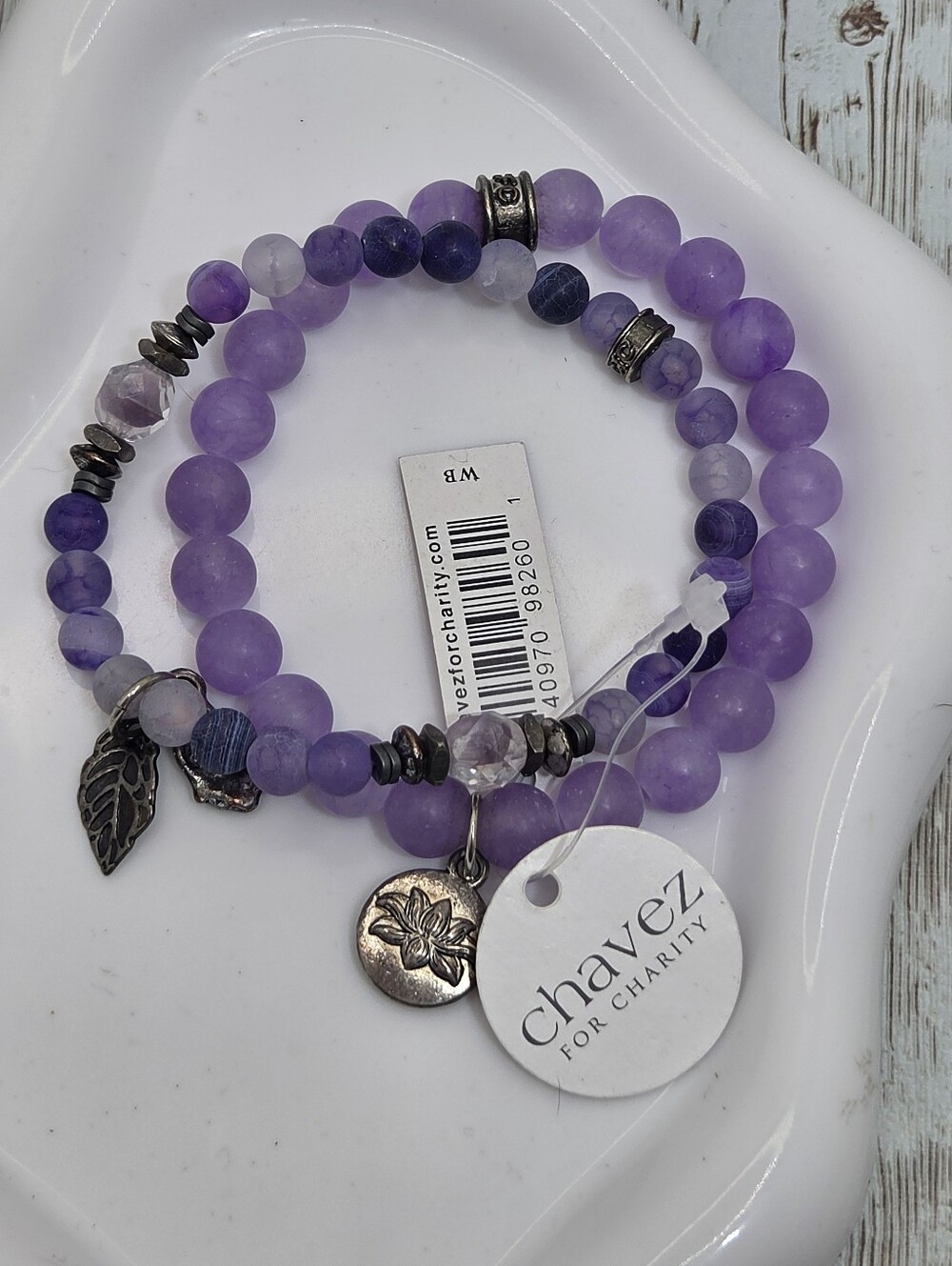 NWT Chavez For Charity Set of 2 Purple Beaded Bracelets 💜 Stomp Out Bullying Lo